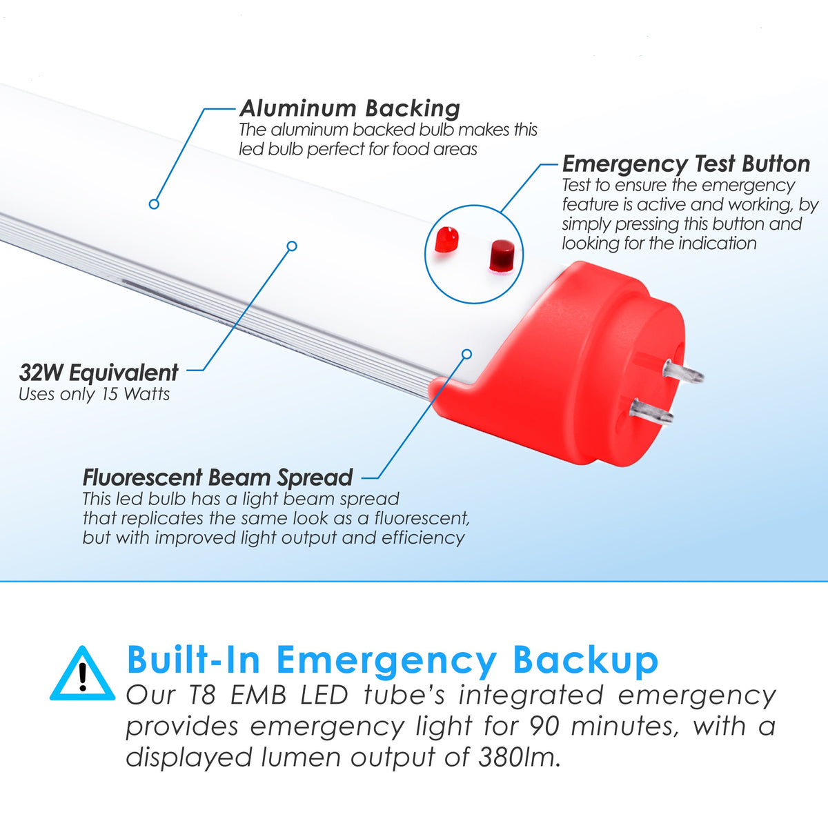 4FT T8 LED Emergency Built In Backup Battery Tube 3500K 15W 120