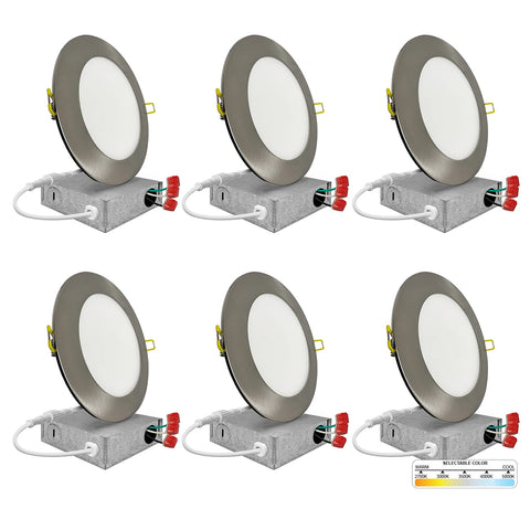 6" Inch Brushed Nickel Round Slim Recessed LED Lights 15W, 5CCT, Dimmable, 120V