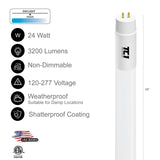 4FT T5 LED Tube Frosted Glass Lens 24W, 5000K, 3200 Lumens, 120-277v, Type A & B Tube Wire Ballast Double Sided or AC Direct (30 PACK)