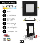 4" Inch Black Square Recessed LED Ceiling Light 5CCT, 9W, Dimmable, 120V