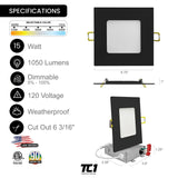 6" Inch Black Square Recessed LED Ceiling Light 5CCT, 15W, Dimmable, 120V