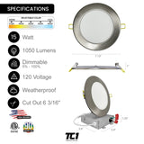 6" Inch Brushed Nickel Round Slim Recessed LED Lights 15W, 5CCT, Dimmable, 120V