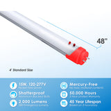 4FT T8 LED Emergency Built-In Backup Battery Tube 4000K, 15W, 120-277v, Ballast Bypass Wire Both Ends (1 PACK)